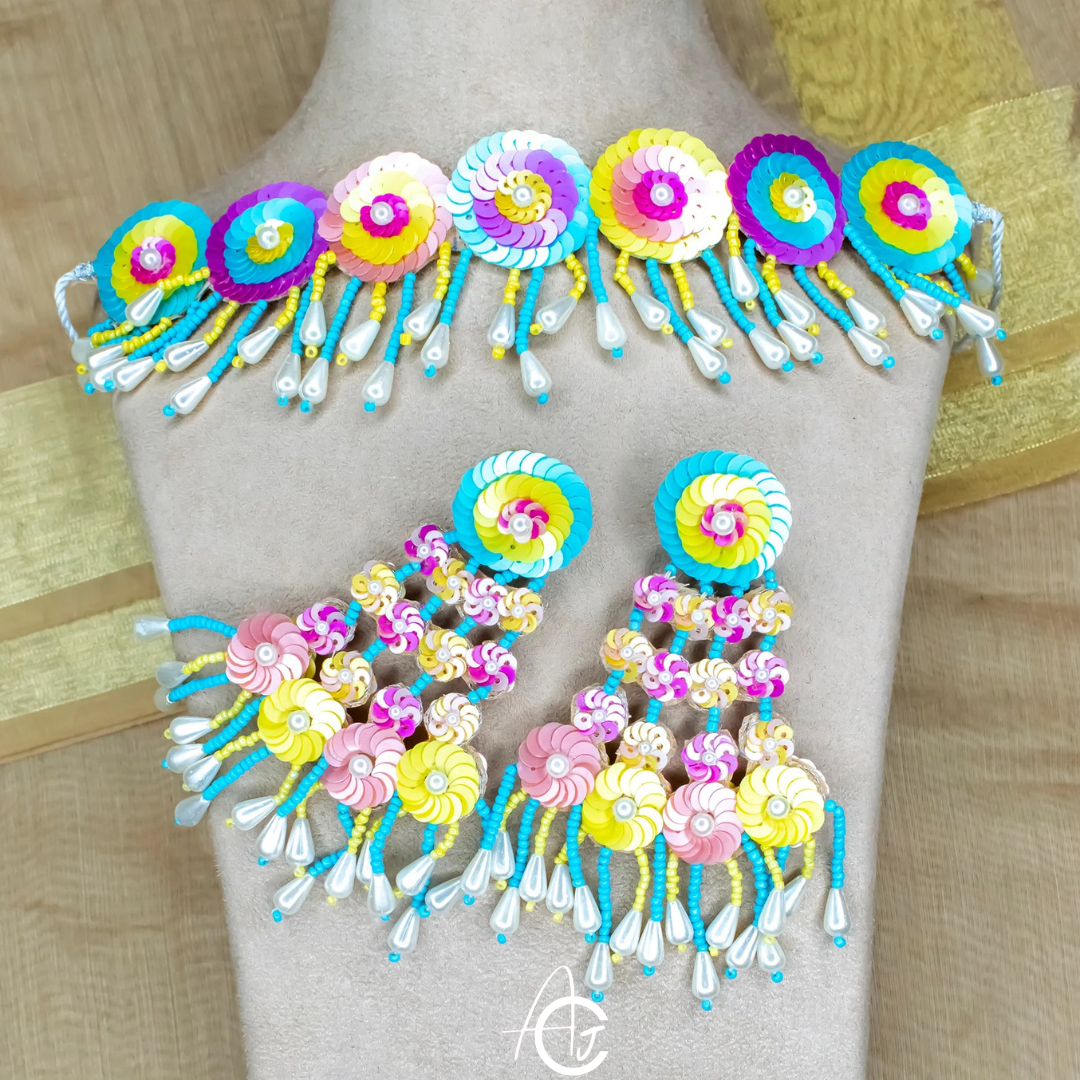 Beads Embroidered Necklace Set, Haldi Jewellery : Handmade