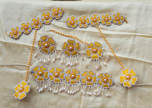 Priyam Embroidered Necklace Set with Mang Tika and Bracelet, Haldi Jewellery : Handmade