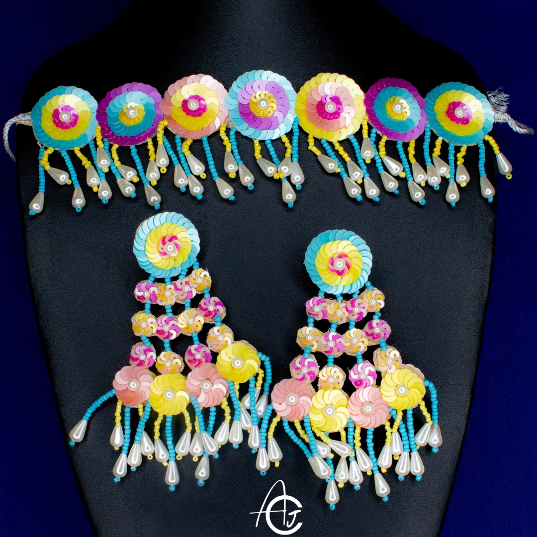 Beads Embroidered Necklace Set, Haldi Jewellery : Handmade
