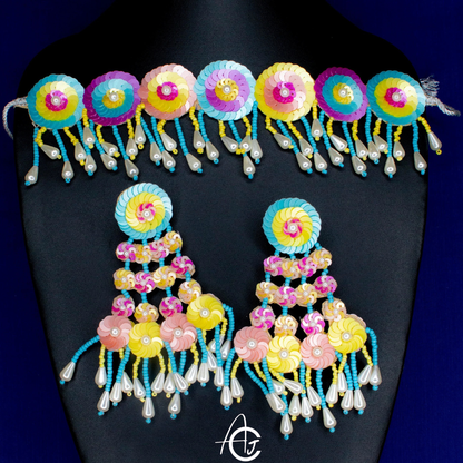 Beads Embroidered Necklace Set, Haldi Jewellery : Handmade