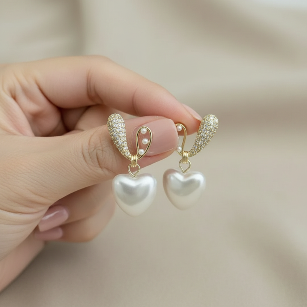 Bling Pearl Heart Earrings