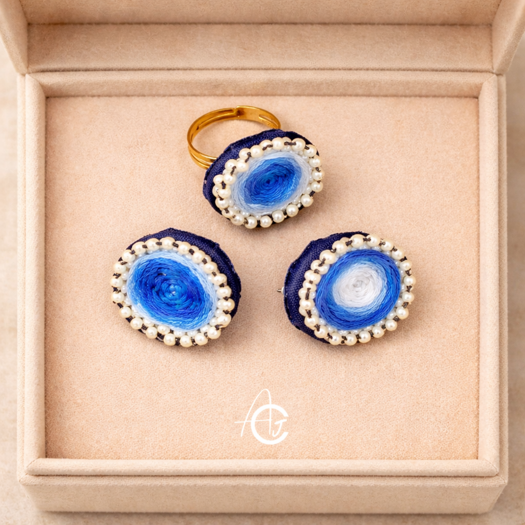 Embroidered Fabric Earrings with Finger Ring : Handmade