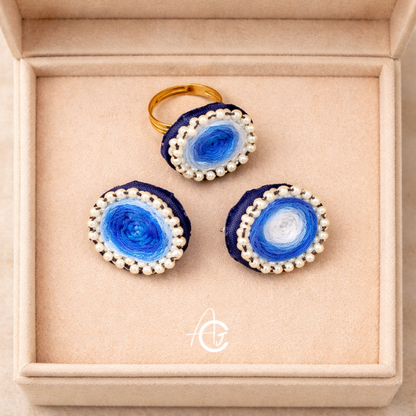 Embroidered Fabric Earrings with Finger Ring : Handmade