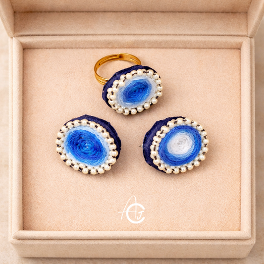 Embroidered Fabric Earrings with Finger Ring : Handmade