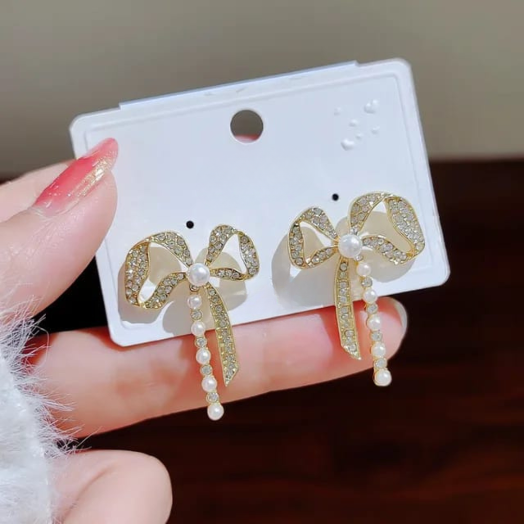 Bling Bow Pearl Earrings