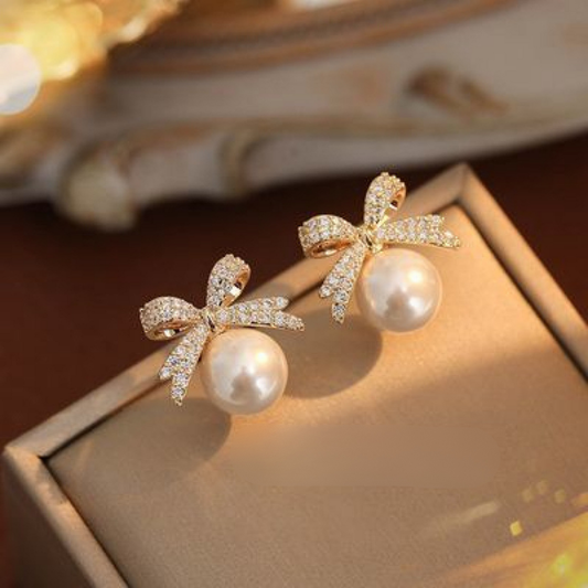 Bling Bow Pearl Earrings