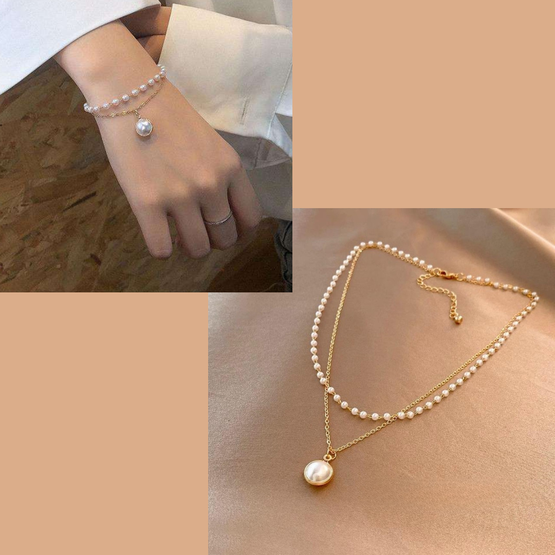 COMBO Pearl Layered Necklace and Bracelet
