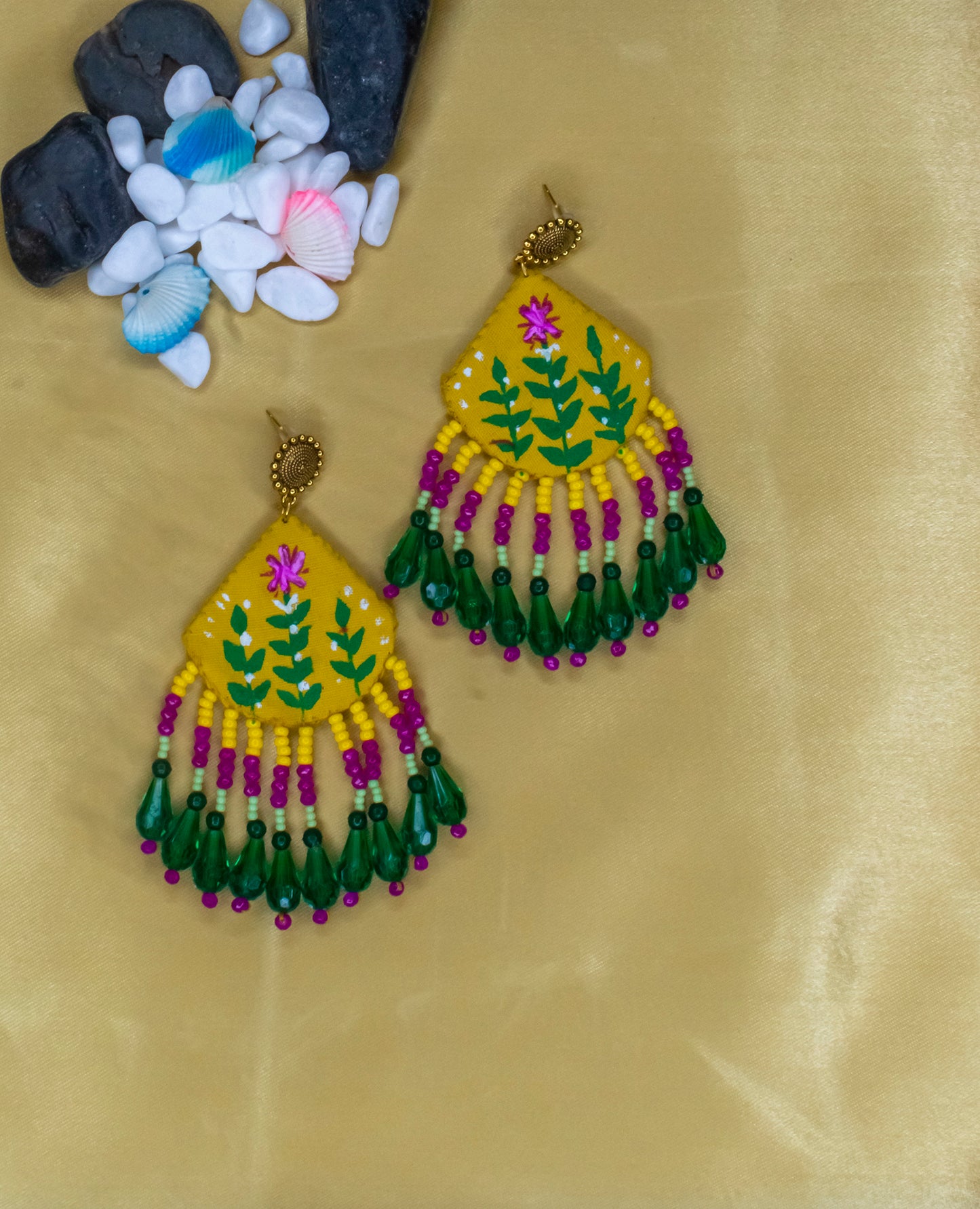 Revati Yellow Handpainted Fabric Earrings  : Handmade