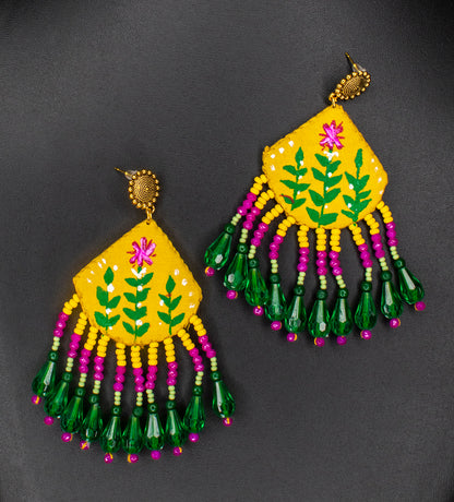 Revati Yellow Handpainted Fabric Earrings  : Handmade