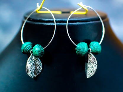 Handmade Jewellery - Green and silver hoop earrings