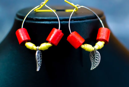 Handmade Jewellery - Red and Yellow Hoop Earrings with Accents
